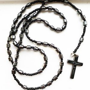 Modern hematite rosary bead cross necklace